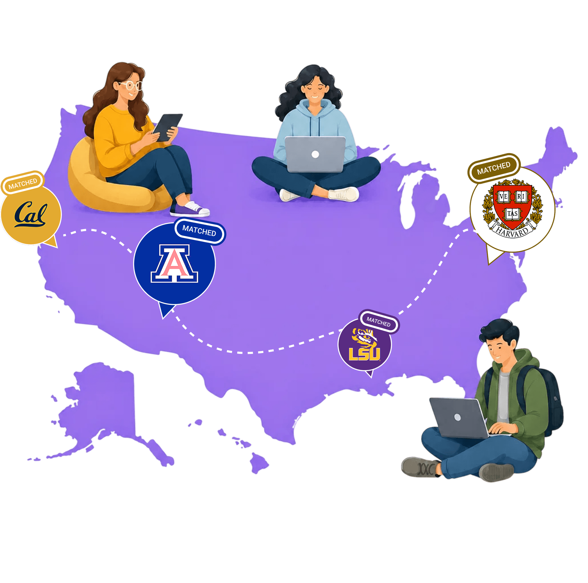 Students across the United States matched to colleges including Berkeley, Arizona, LSU, and Harvard on PathPicker
